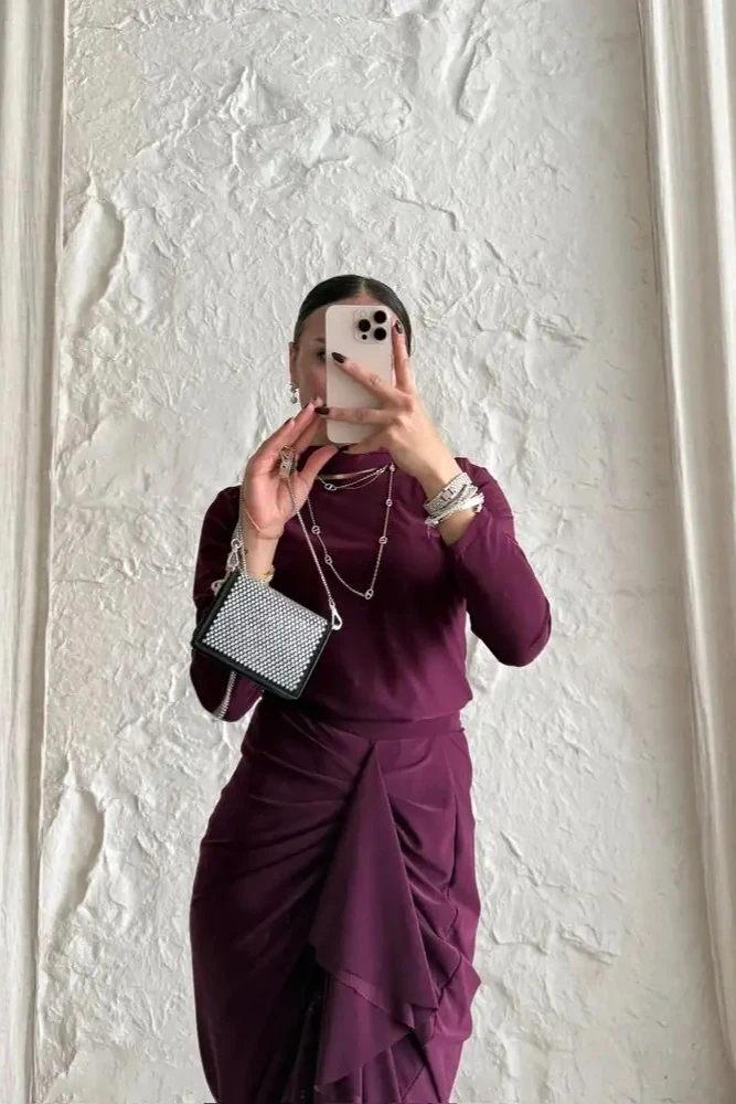 Bordo Drape Detaylı Yüksek Yaka Etek Bluz Şal Takım