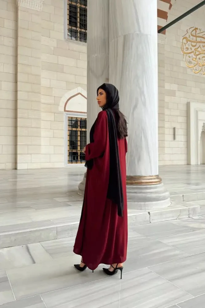 Broşlu Bordo Pardesu Abaya