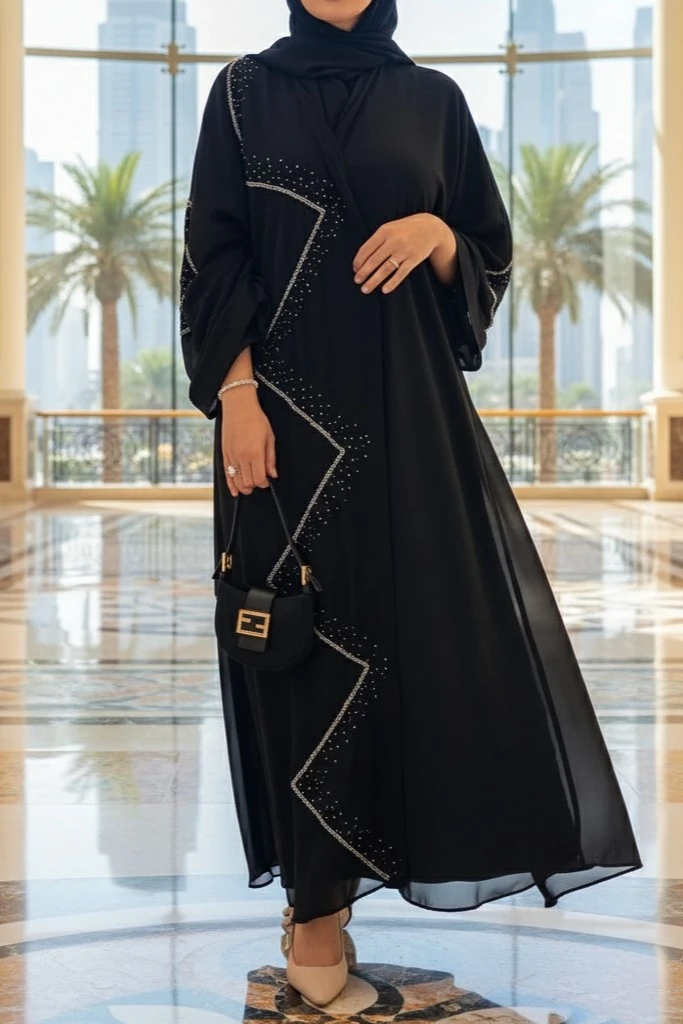 Siyah Zikzak Taş İşlemeli Şık Abaya