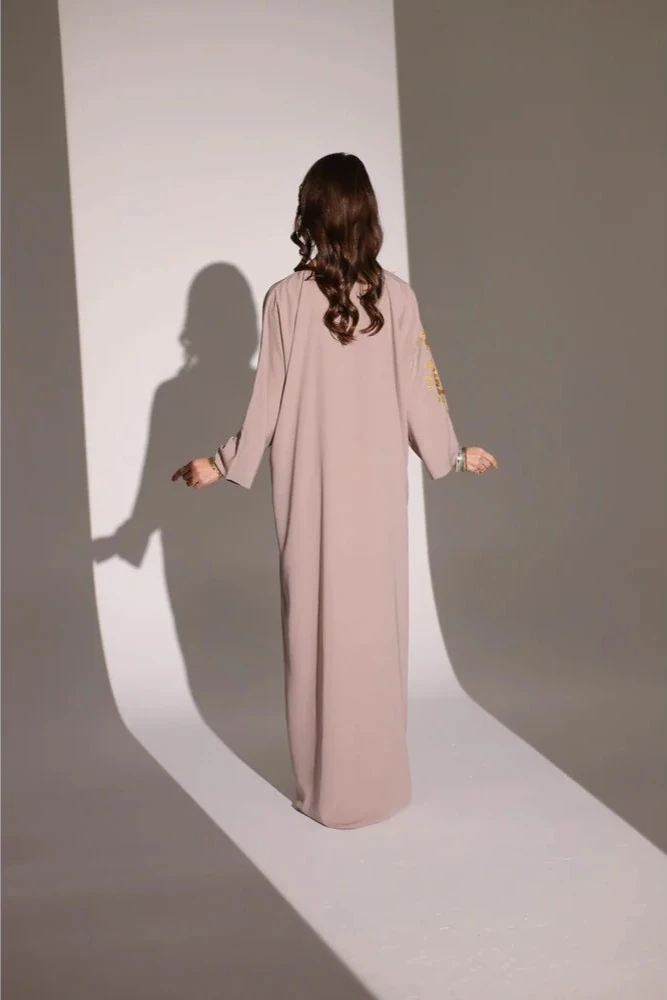 Vizon Rengi Altın İplik Nakışlı Abaya