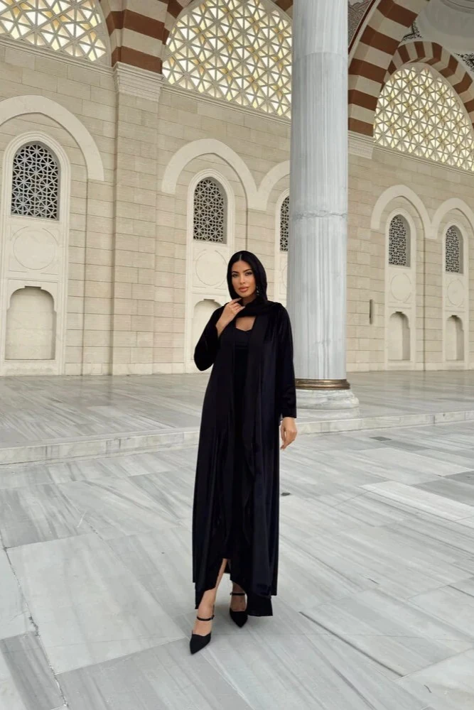 Kadife ve Şifon Kruvaze Siyah Abaya
