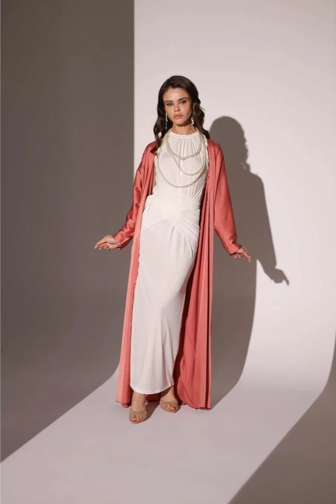 Parlak Dokulu Somon İpek Abaya