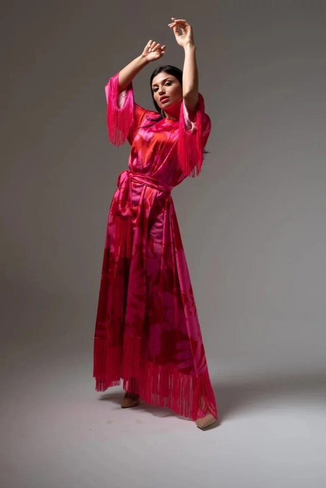 Saçaklı Luxury Kemerli İpek Elbise