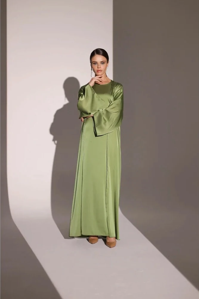 Yağ Yeşili İpek Abaya Takımı