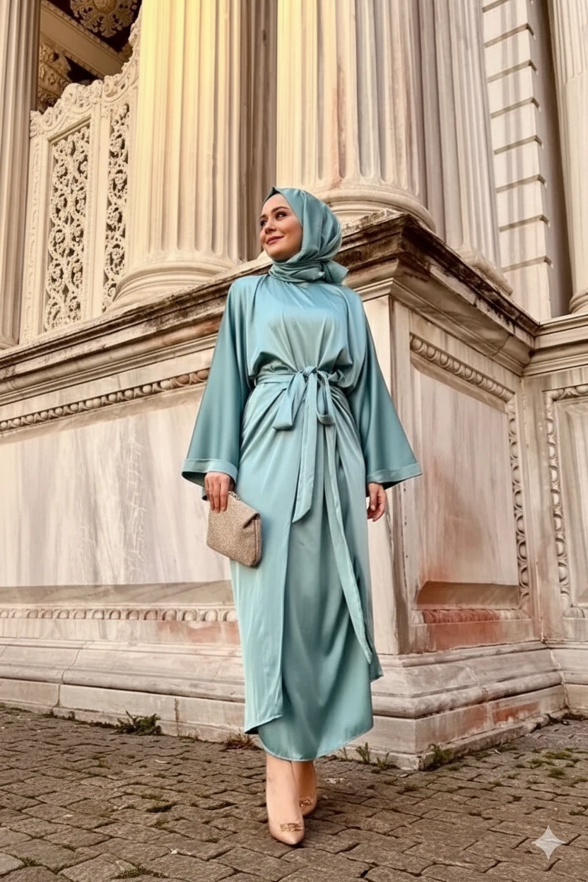 Su Yeşili Bağlamalı Elbise