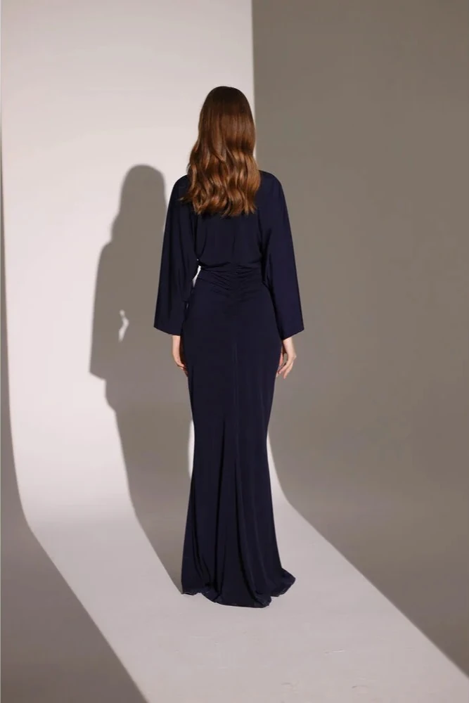 Fermuar Detaylı Lacivert Maxi Elbise