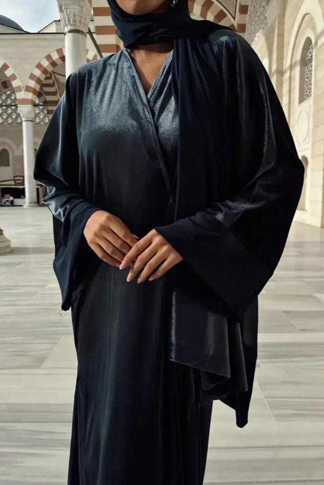 Gece Mavisi Kadife Abaya ve Şal Takımı