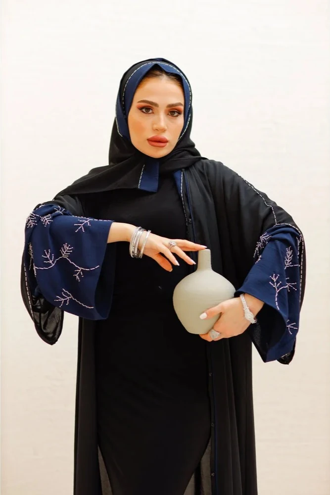 Lacivert Detaylı El İşlemeli Şal Takım Abaya