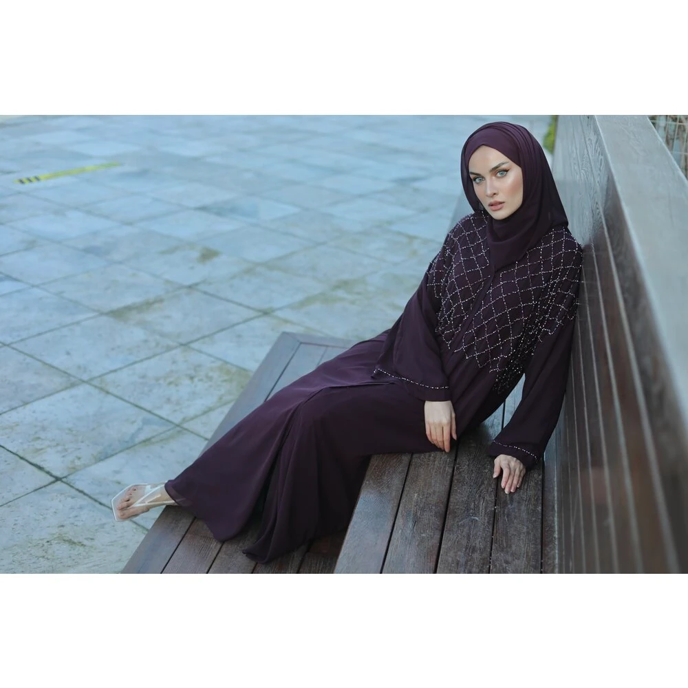 Limited Edition Mürdüm Rengi El İşlemeli Abaya ve Şal Takımı