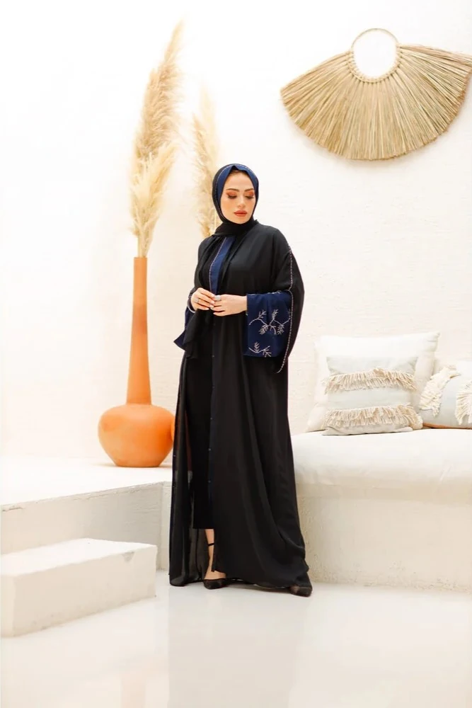 Lacivert Detaylı El İşlemeli Şal Takım Abaya