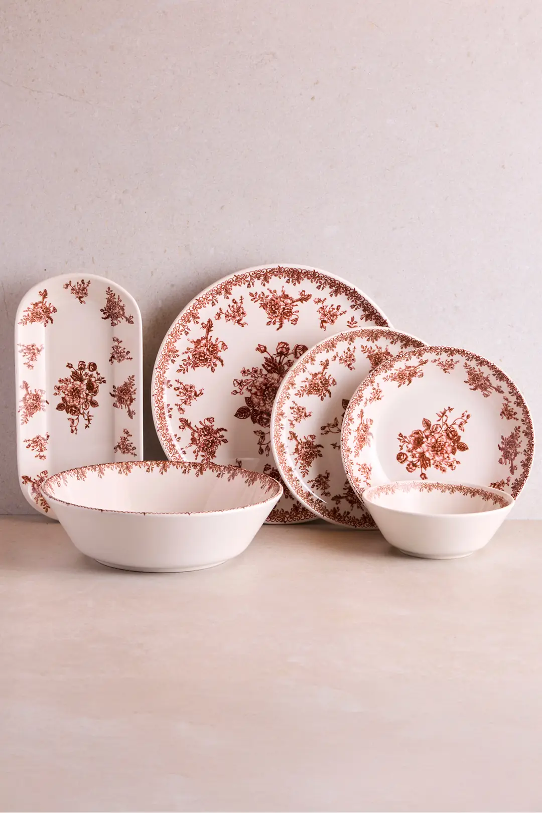 Antik Bordo 27 Parça 6 Kişilik Seramik Yemek Takımı Vintage Çiçek Dese