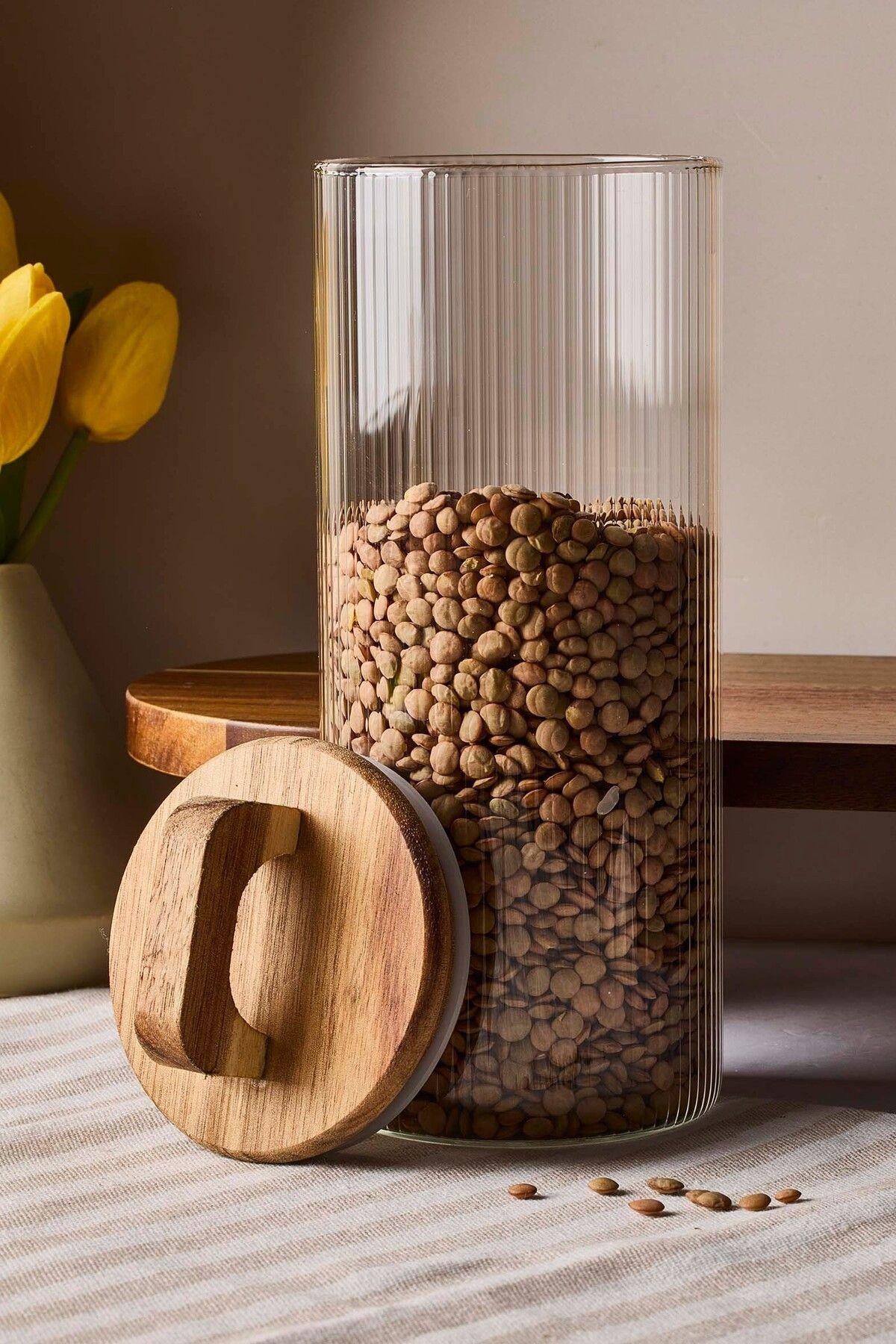 Acacia 1000 ml Akasya Vakum Kapak Borosilikat Yuvarlak Cam Kavanoz 8.5x20 Cm