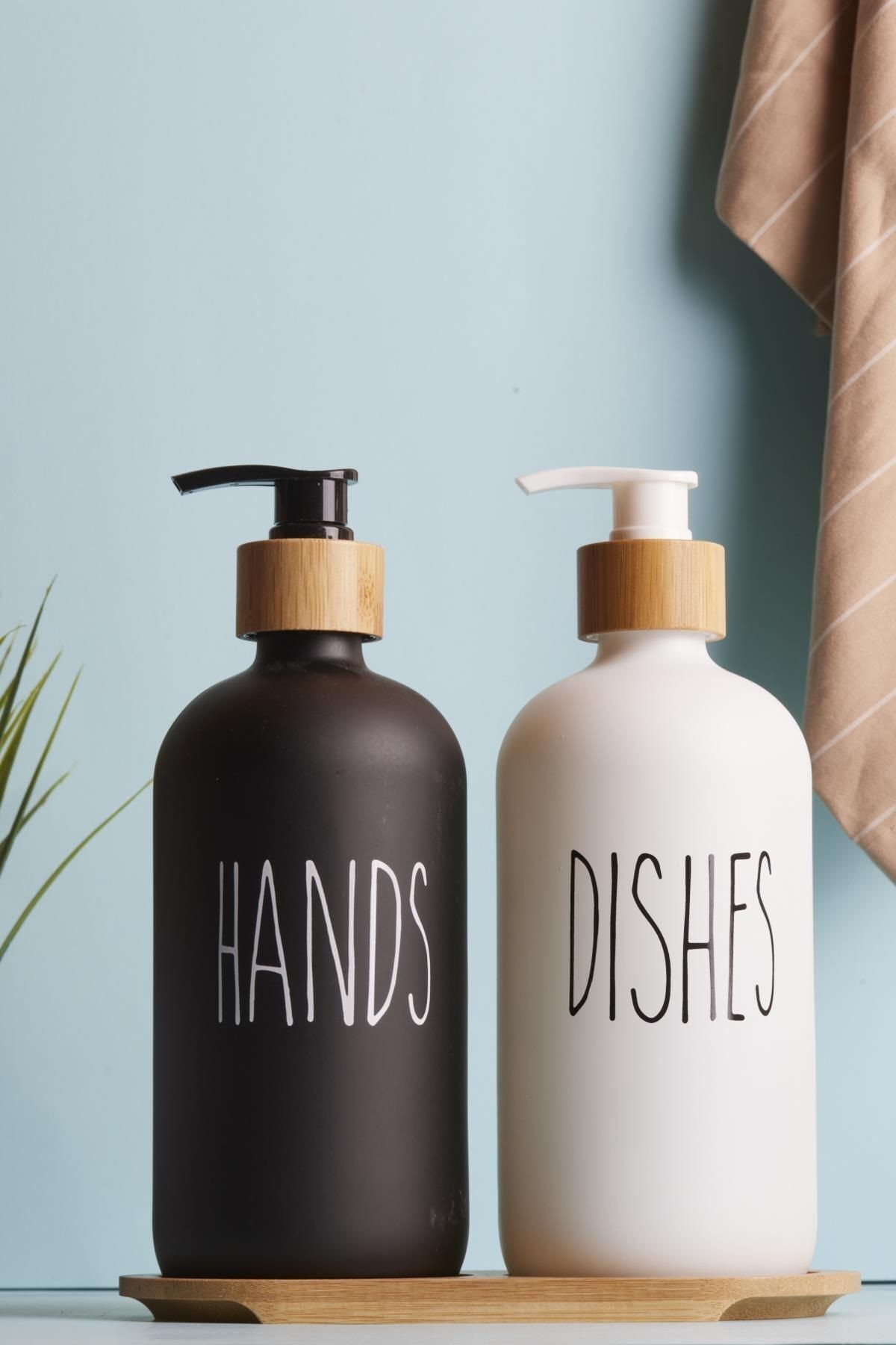 Lotion 2’li Siyah-beyaz Mutfak Sıvı Sabunluk Seti 500ml 500ml Bambu Tepsili