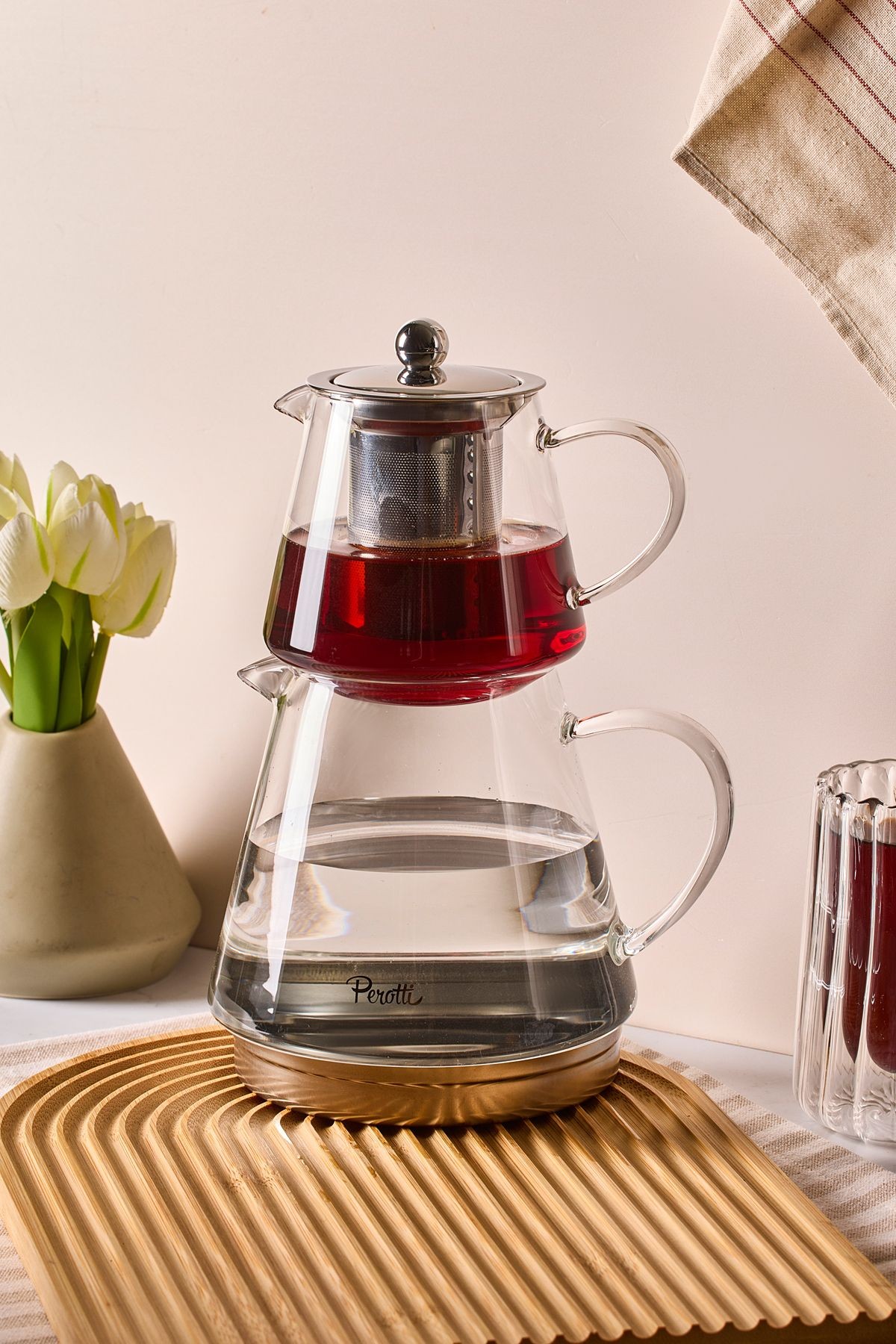 Flavio Indüksiyon Tabanlı Borosilikat Cam Çaydanlık Takımı 550 ml Demlik 1000 ml Suluk