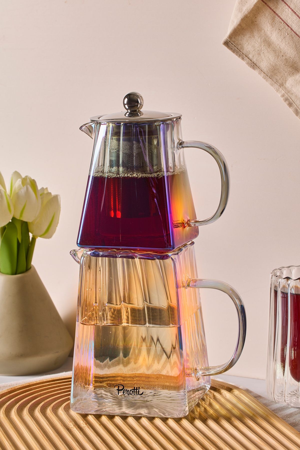 Pauline Luster Borosilikat Cam Çaydanlık Takımı 550 ml Demlik 1000 ml Suluk