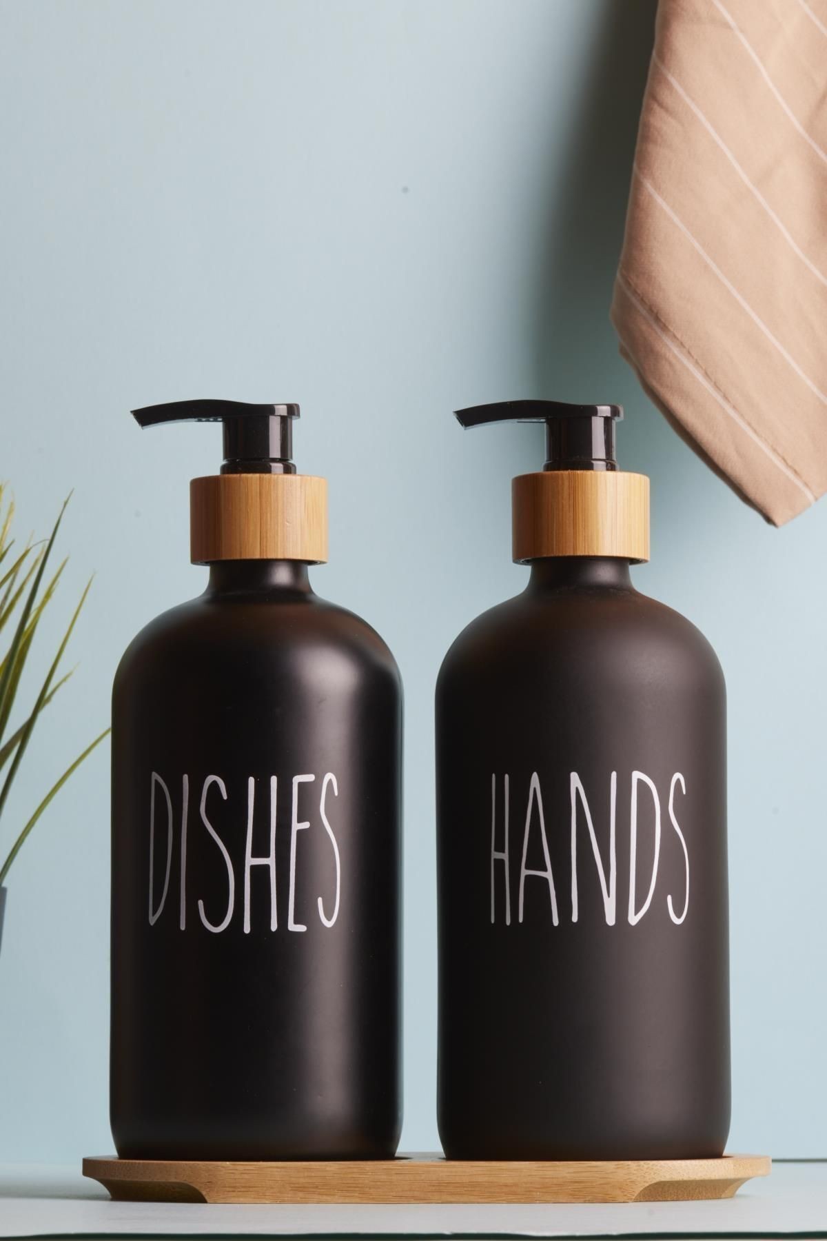 Lotion 2’li Siyah Mutfak Sıvı Sabunluk Seti 500ml 500ml Bambu Tepsili
