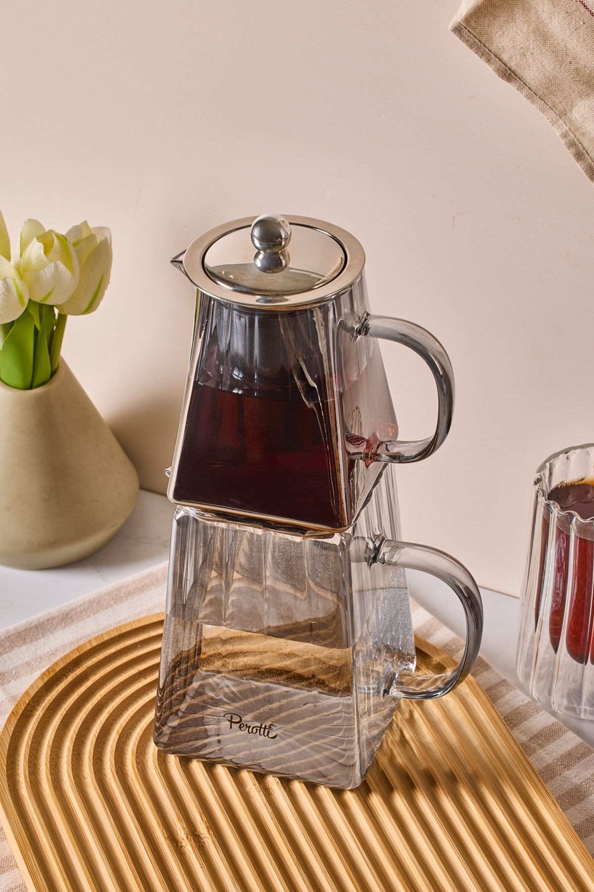 Pauline Füme Borosilikat Cam Çaydanlık Takımı 550 ml Demlik 1000 ml Suluk