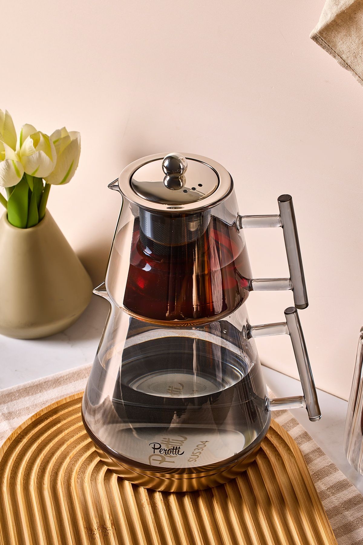 Franca Füme Indüksiyon Tabanlı Borosilikat Cam Çaydanlık Takımı 550 ml Demlik 1000 ml Suluk