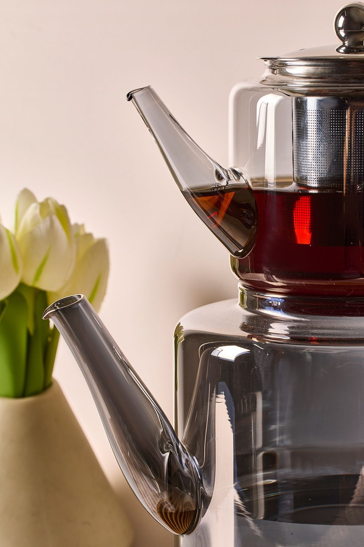 Elio Füme Indüksiyon Tabanlı Borosilikat Cam Çaydanlık Takımı 500 ml Demlik 1800 ml Suluk