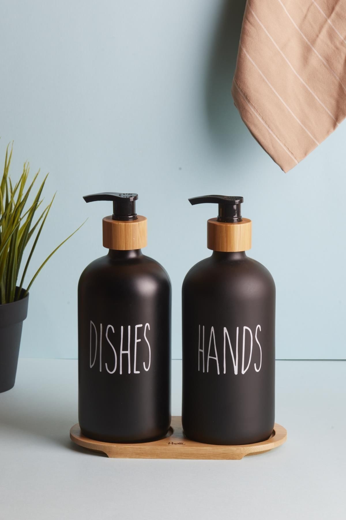 Lotion 2’li Siyah Mutfak Sıvı Sabunluk Seti 500ml 500ml Bambu Tepsili