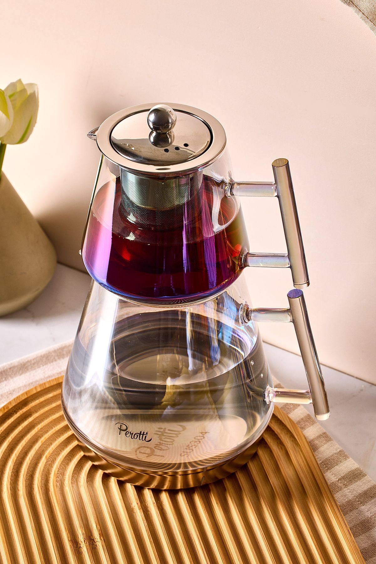 Franca Luster Indüksiyon Tabanlı Borosilikat Cam Çaydanlık Takımı 550 ml Demlik 1000 ml Suluk