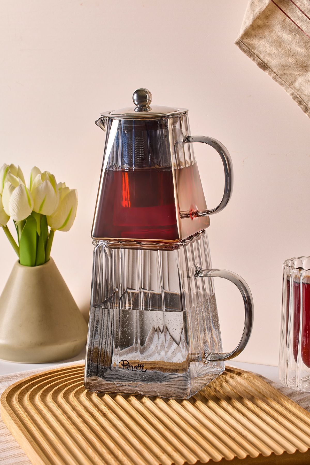 Pauline Füme Borosilikat Cam Çaydanlık Takımı 550 ml Demlik 1000 ml Suluk