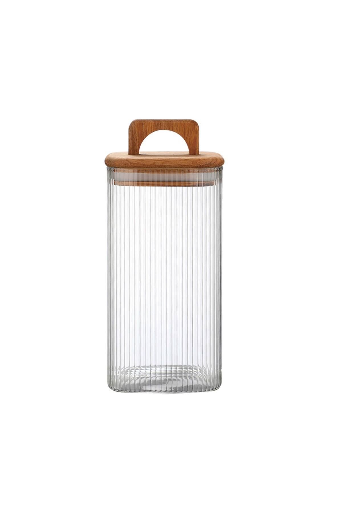 Acacia 1200 ml Akasya Vakum Kapak Borosilikat Kare Cam Kavanoz 10x15 Cm