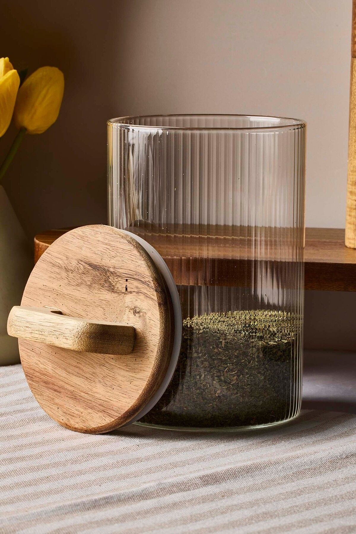 Acacia 1000 ml Akasya Vakum Kapak Borosilikat Yuvarlak Cam Kavanoz 10x15 Cm