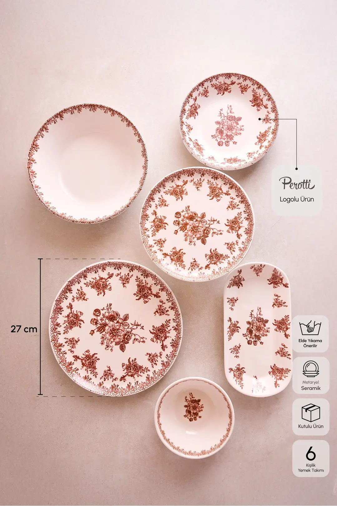 アンティーク　ディナーセット　6客 Antik Bordo 27 Parça 6 Kişilik Seramik Yemek Takımı Vintage Çiçek Dese