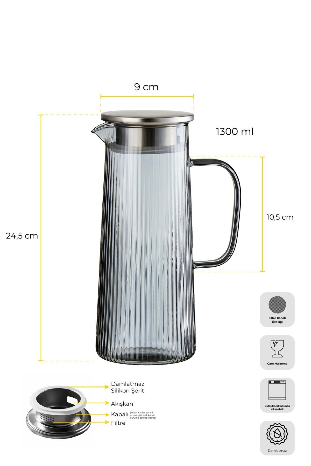 Pina Füme Çizgi Işık Oyunları Filtre Kapaklı Sürahi 1300ml