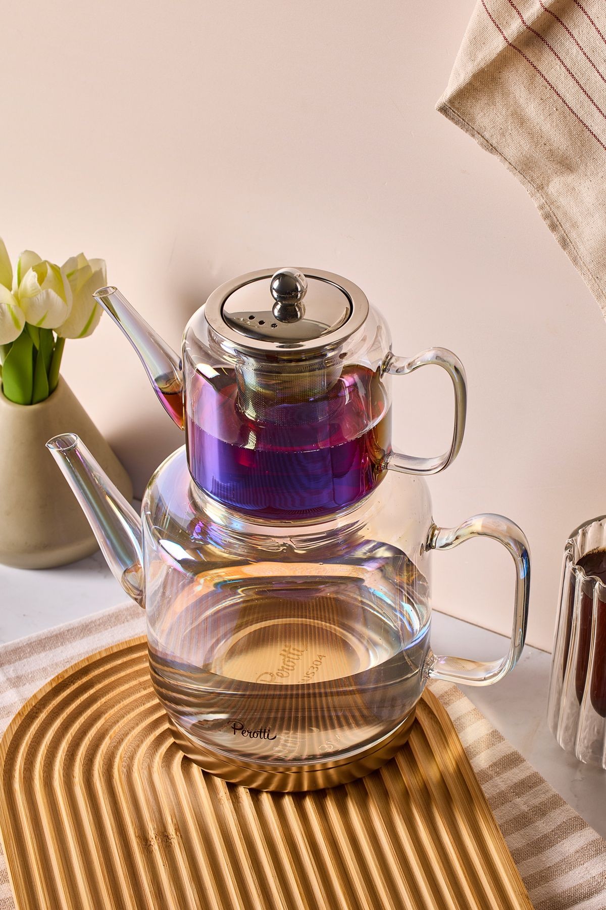 Elio Luster Indüksiyon Tabanlı Borosilikat Cam Çaydanlık Takımı 500 ml Demlik 1800 ml Suluk