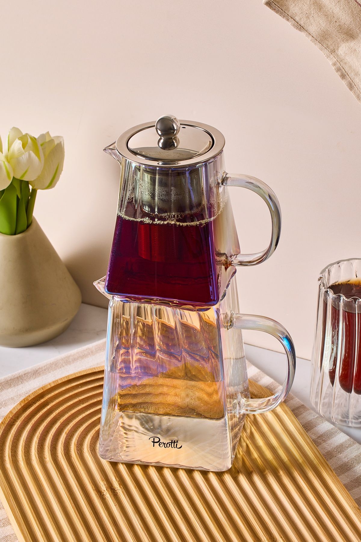 Pauline Luster Borosilikat Cam Çaydanlık Takımı 550 ml Demlik 1000 ml Suluk