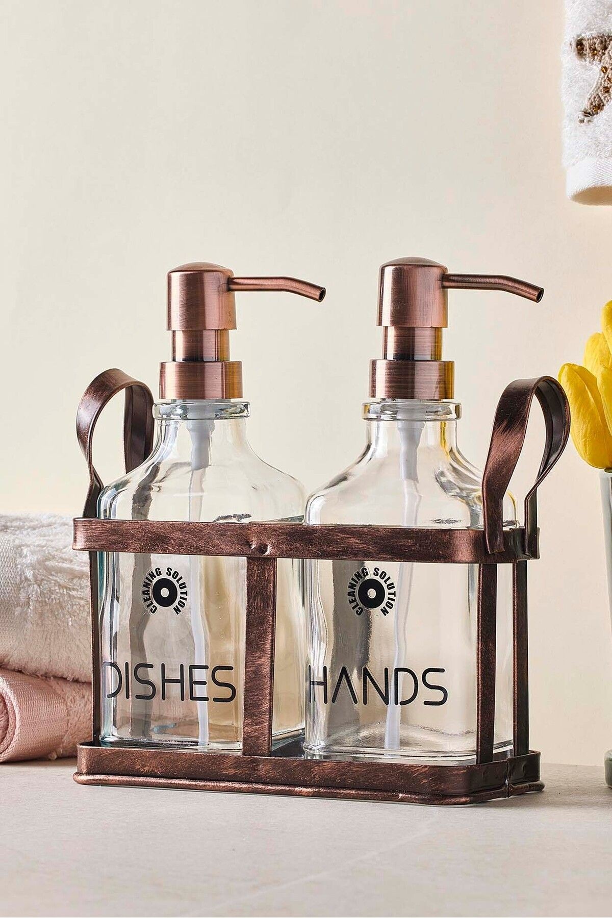 Rame Eskitme Metal Standlı Retro 2 Li Sıvı Sabunluk 500 ml