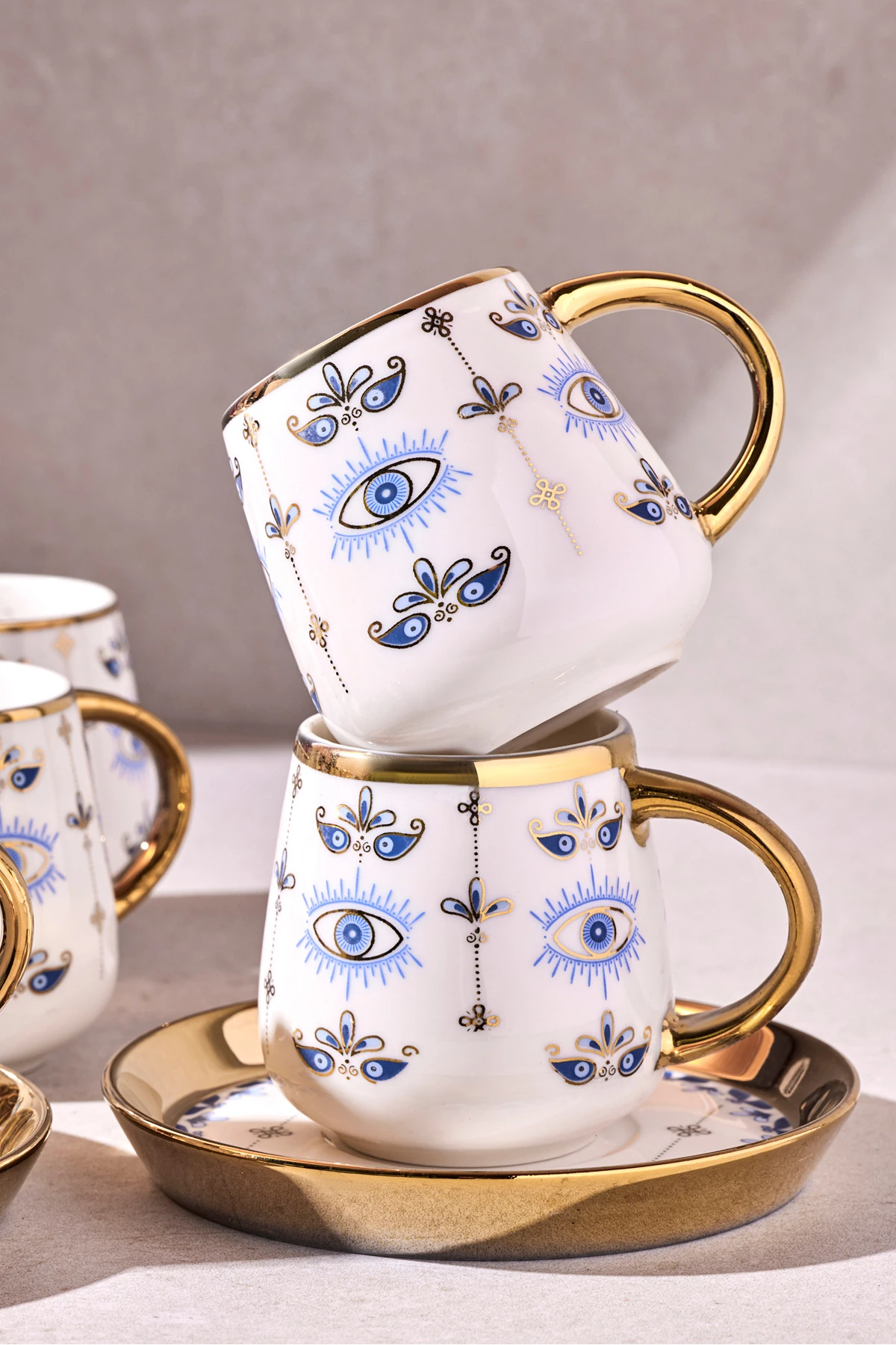 Cihangir 6 Kişilik Porselen Nazar Boncuğu Deseni Gold Kahve Fincanı Ta