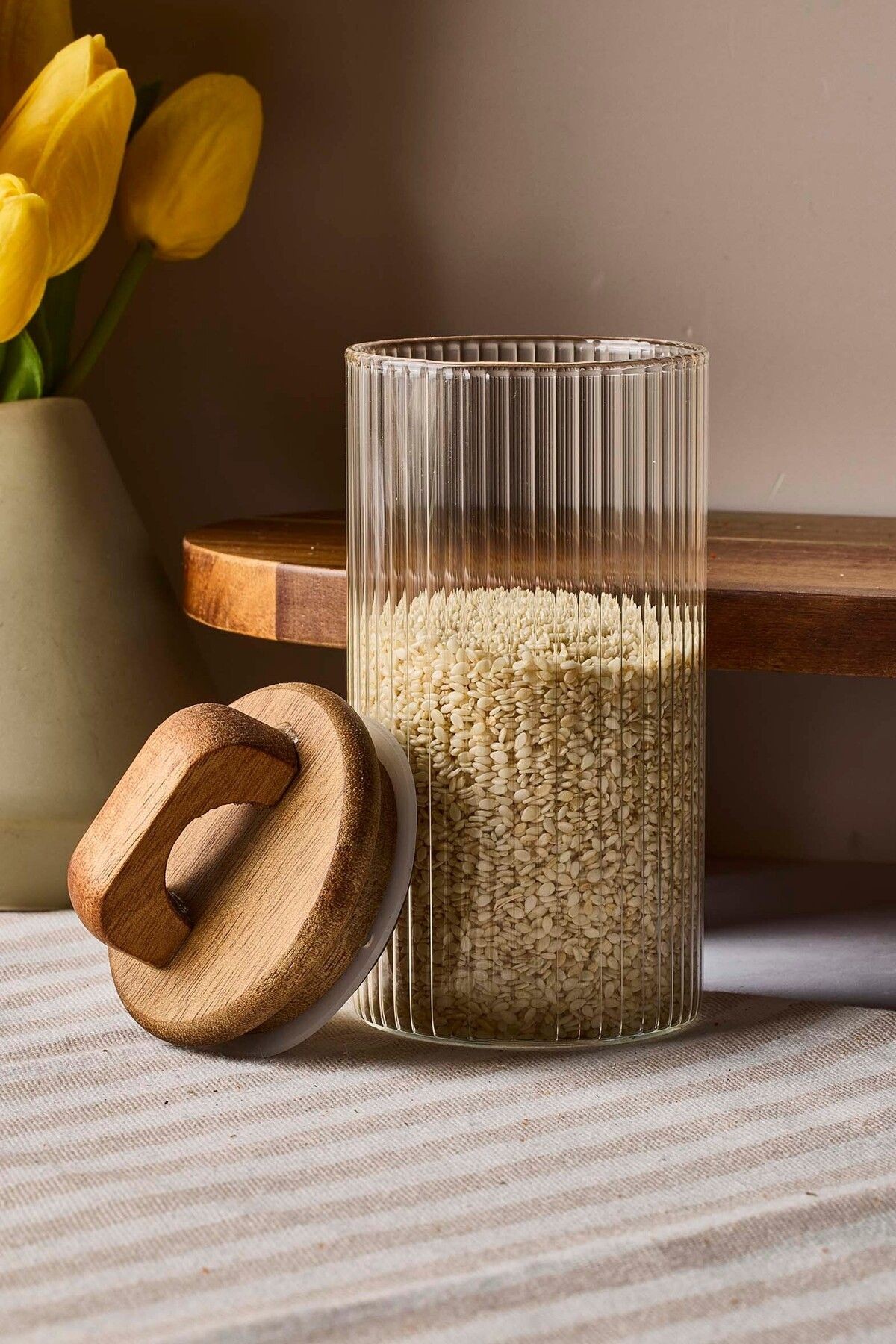 Acacia 280 ml Akasya Vakum Kapak Borosilikat Yuvarlak Cam Kavanoz 6.5x12 cm