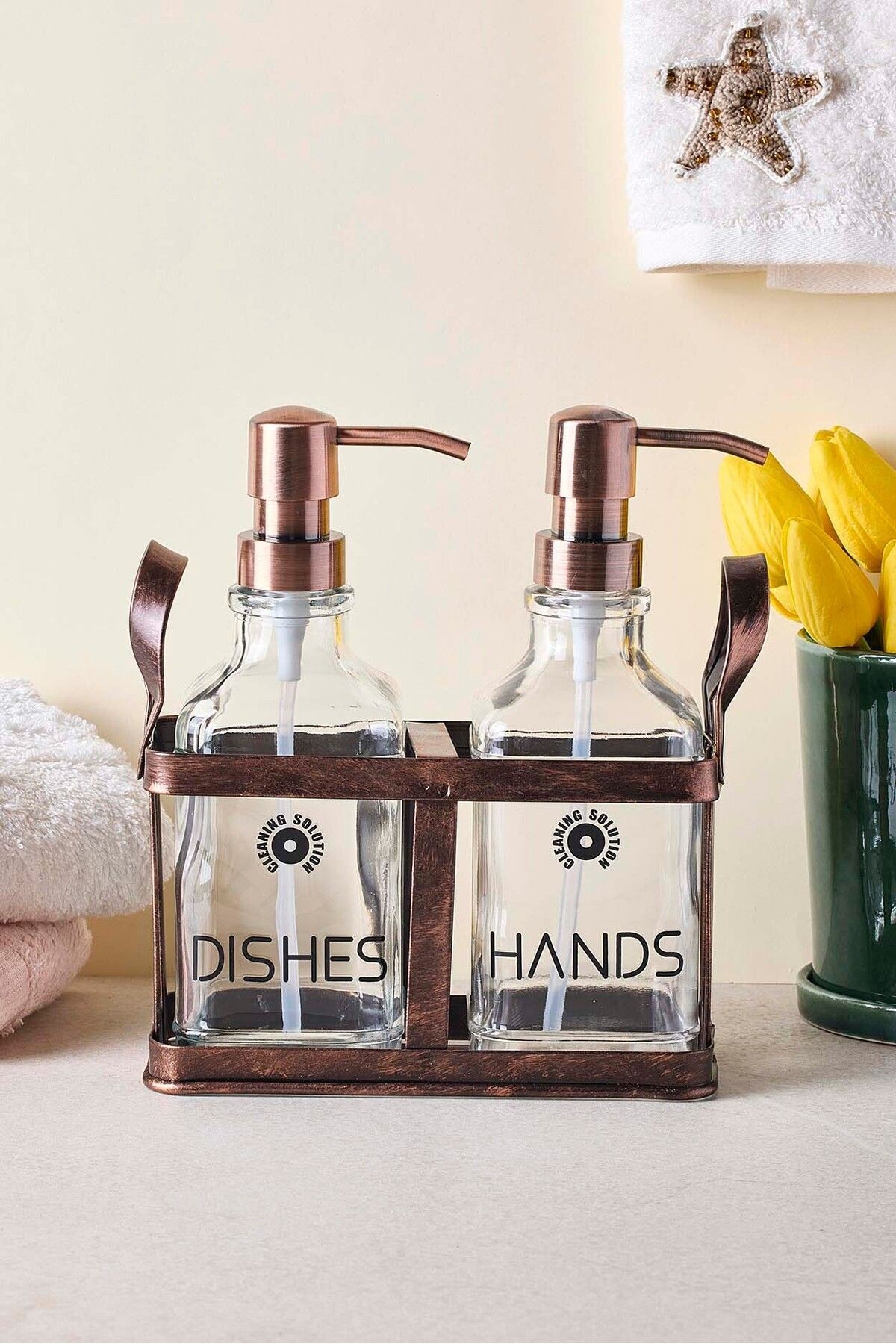 Rame Eskitme Metal Standlı Retro 2 Li Sıvı Sabunluk 500 ml
