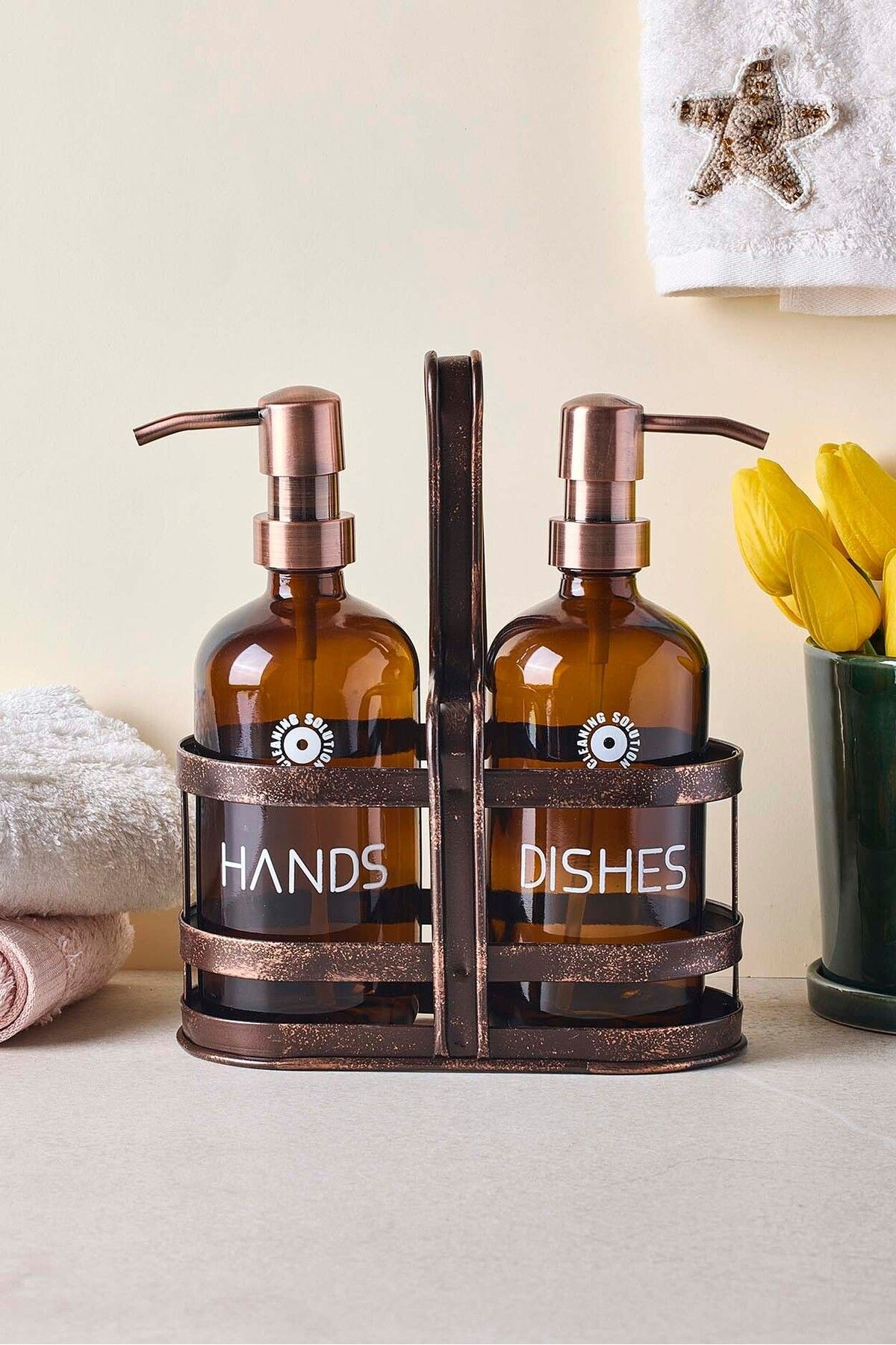 Rame Eskitme Metal Standlı Retro 2 Li Sıvı Sabunluk 500 ml
