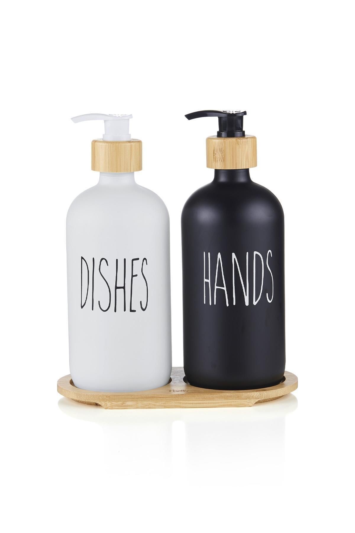 Lotion 2’li Siyah-beyaz Mutfak Sıvı Sabunluk Seti 500ml 500ml Bambu Tepsili