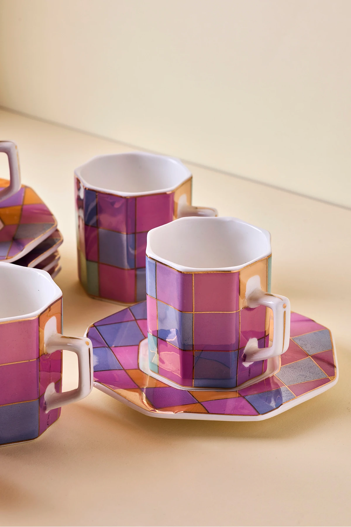 Antik 12 Parça 6 Kişilik Renkli Patchwork Porselen Kahve Fincanı Takım