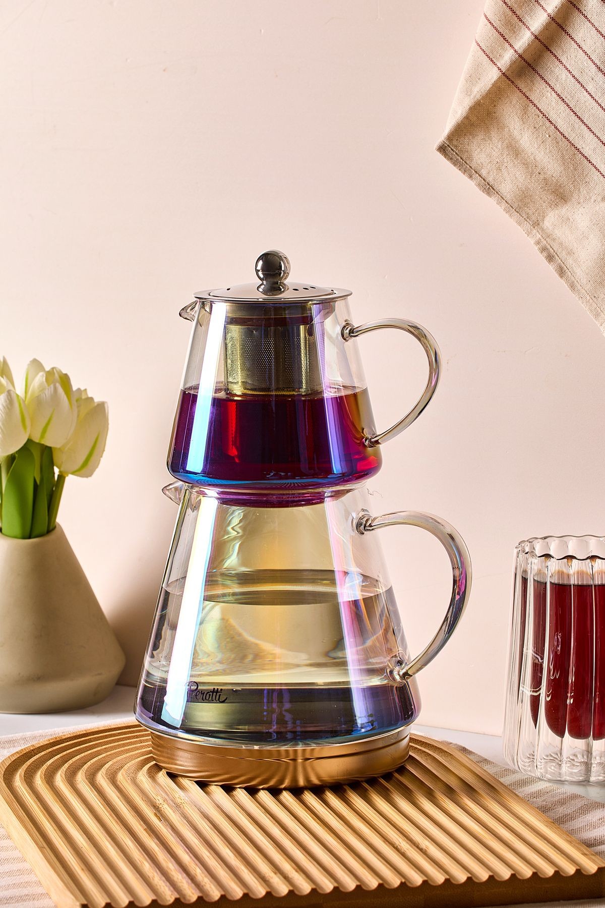 Flavio Luster Indüksiyon Tabanlı Borosilikat Cam Çaydanlık Takımı 550 ml Demlik 1000 ml Suluk