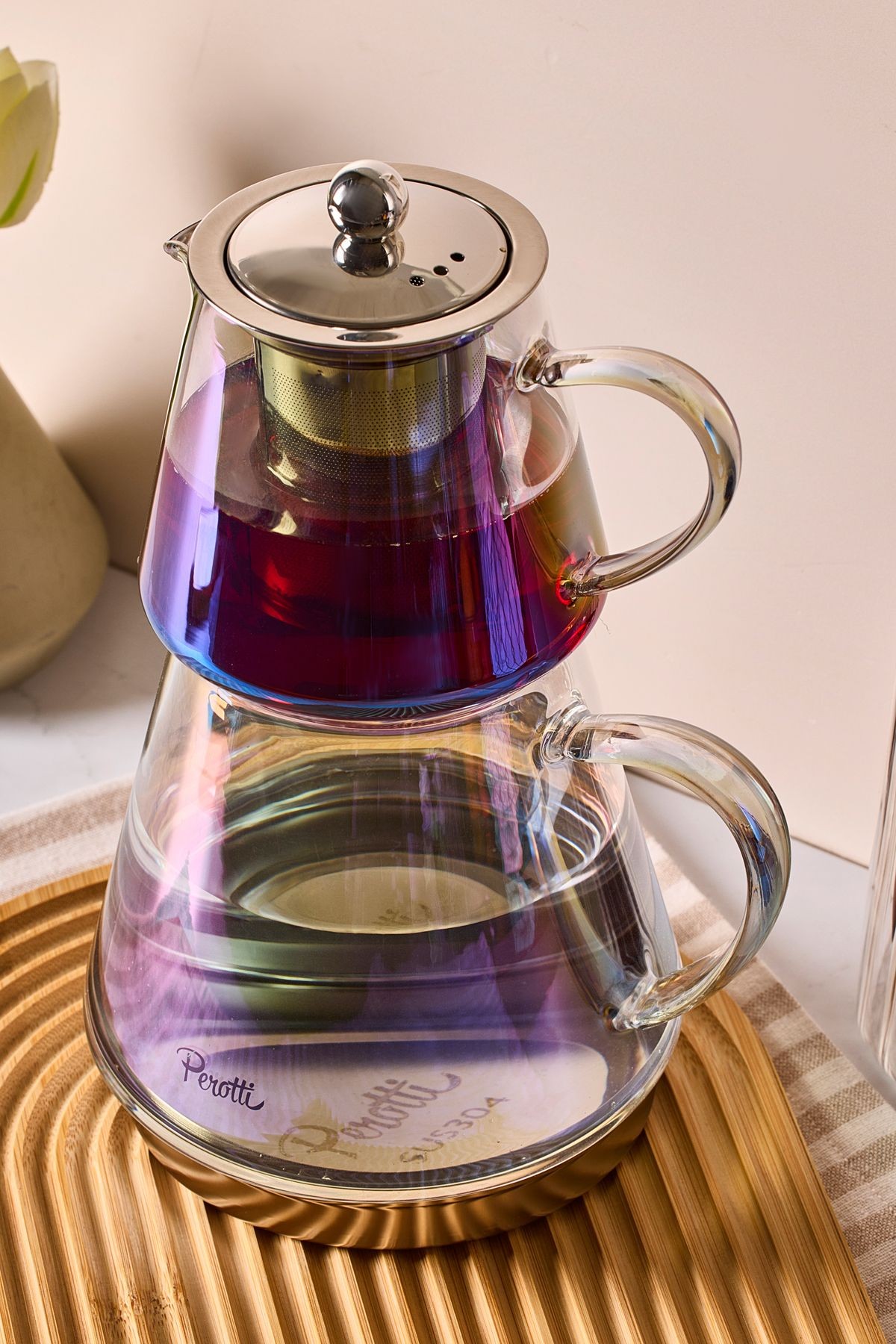 Flavio Luster Indüksiyon Tabanlı Borosilikat Cam Çaydanlık Takımı 550 ml Demlik 1000 ml Suluk