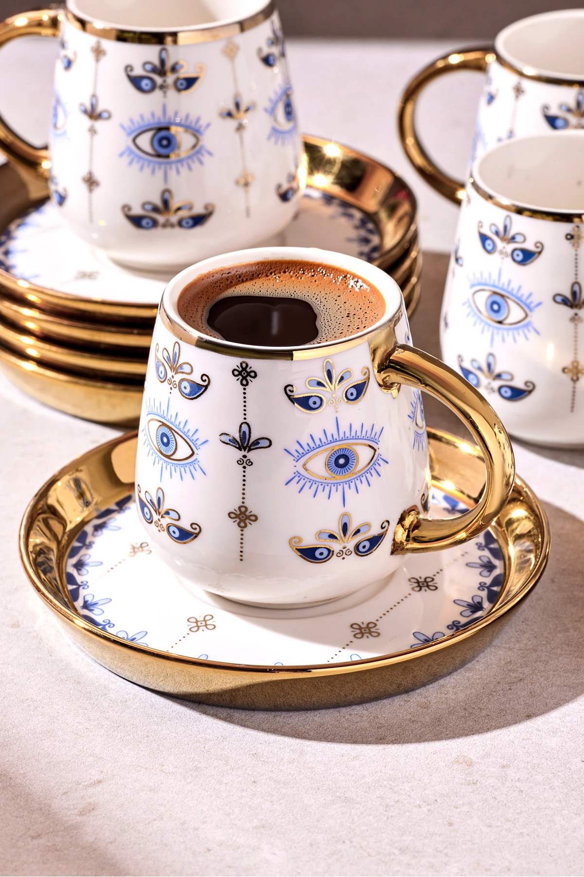 Cihangir 6 Kişilik Porselen Nazar Boncuğu Deseni Gold Kahve Fincanı Ta