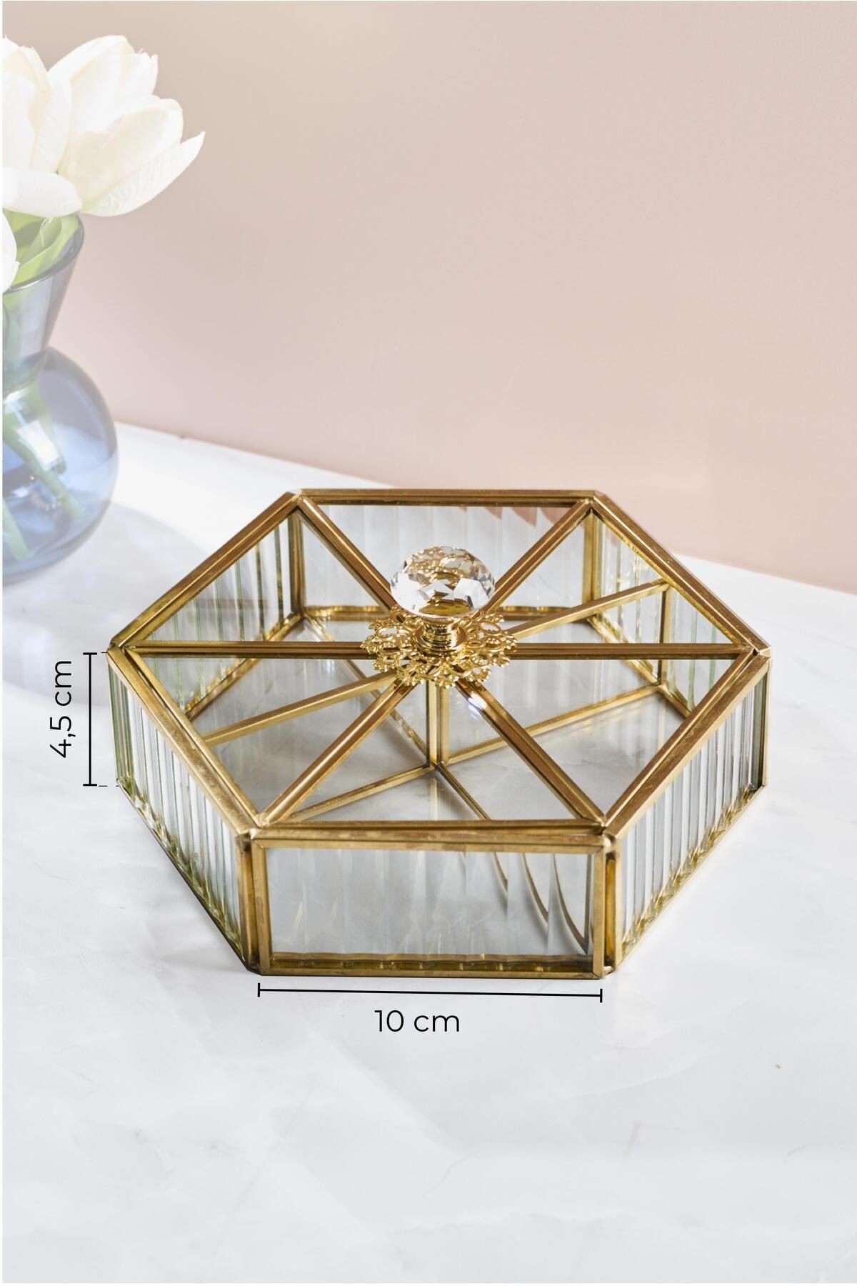 Gio Altıgen Bölmeli Kapaklı Cam Sunumluk Tepsi-10cmx4,5 Cm