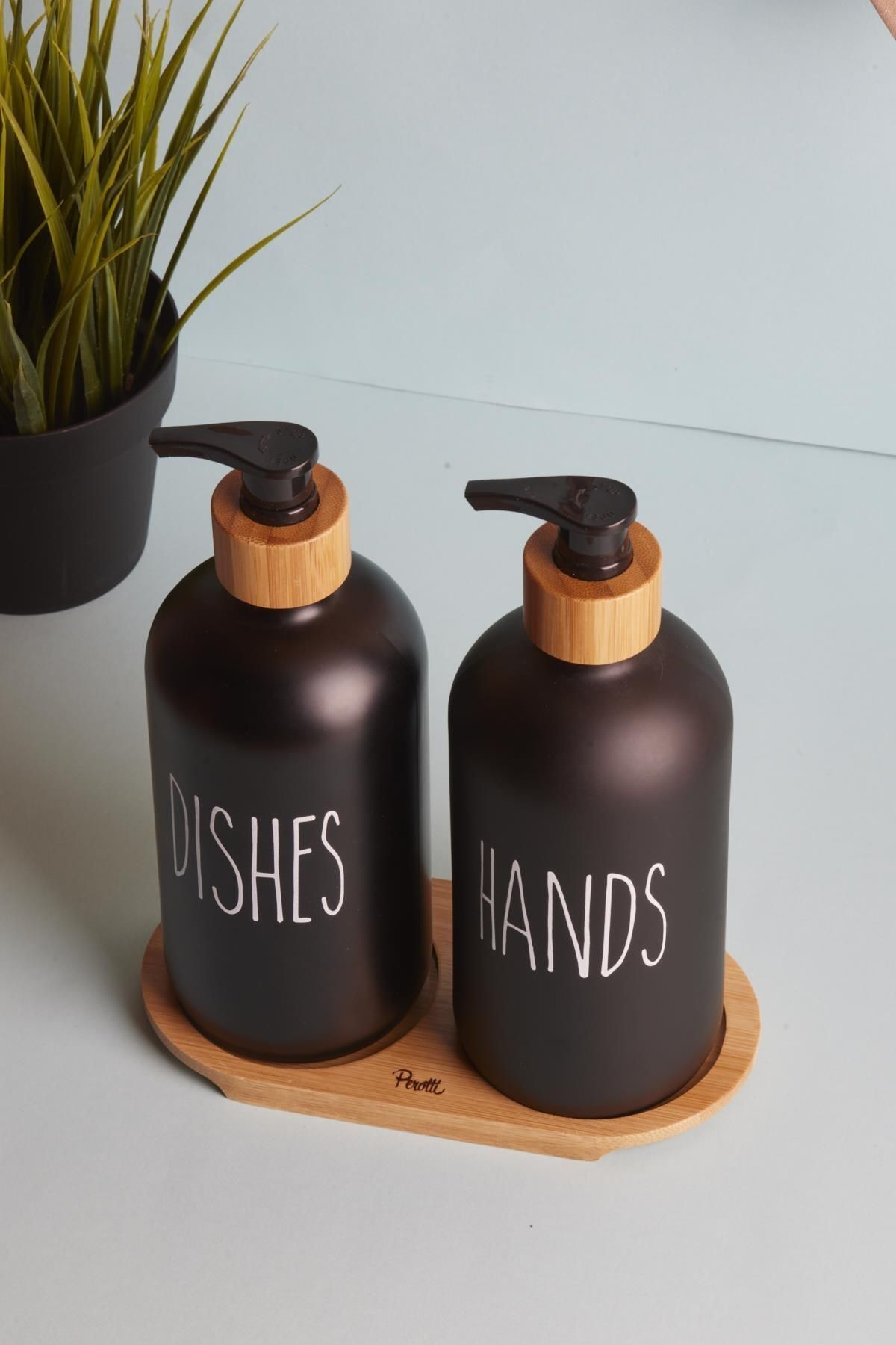 Lotion 2’li Siyah Mutfak Sıvı Sabunluk Seti 500ml 500ml Bambu Tepsili