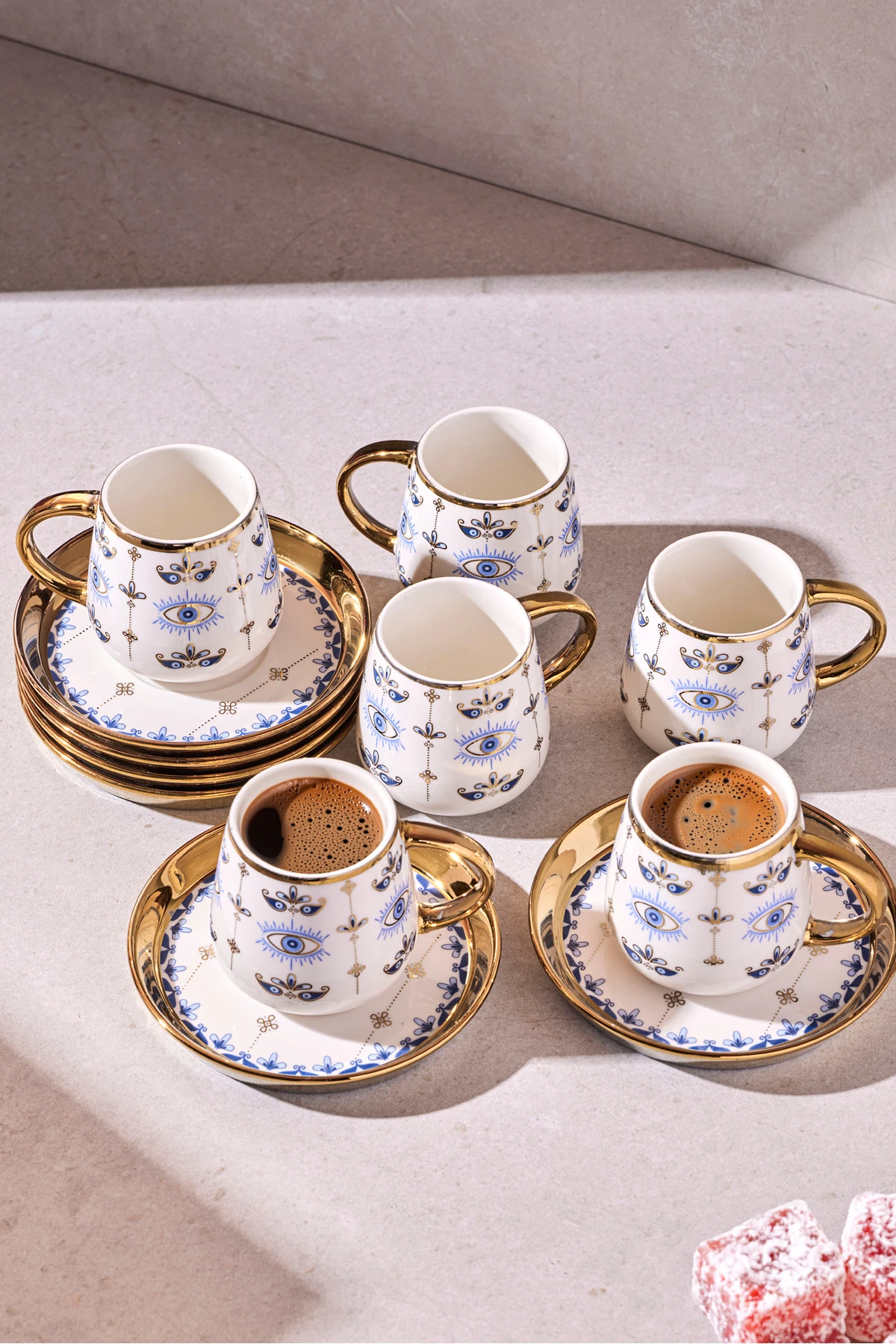Cihangir 6 Kişilik Porselen Nazar Boncuğu Deseni Gold Kahve Fincanı Ta
