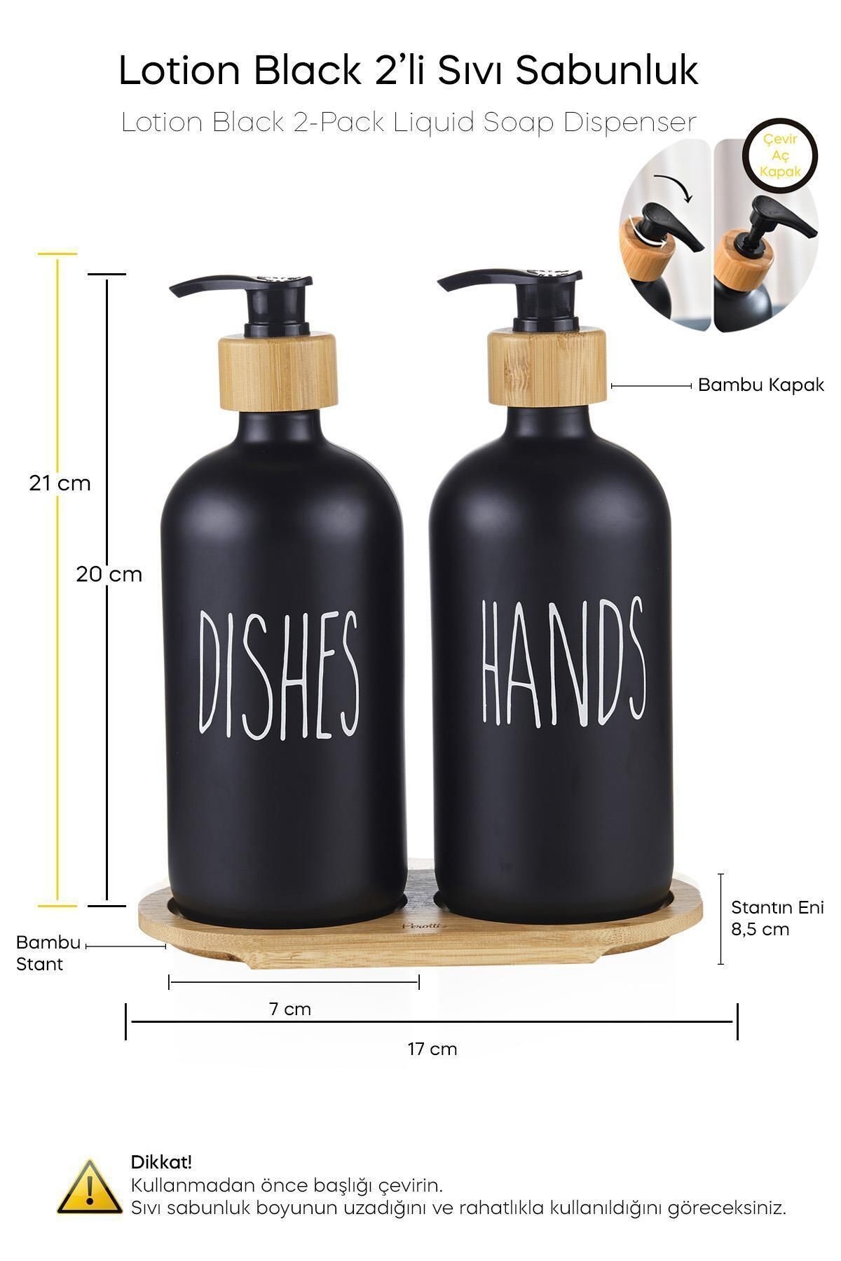 Lotion 2’li Siyah Mutfak Sıvı Sabunluk Seti 500ml 500ml Bambu Tepsili