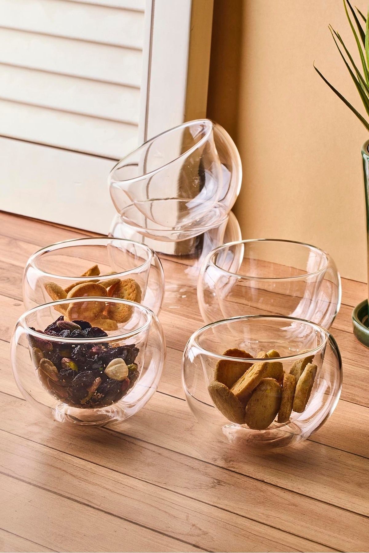 Bowy 6'lı Çift Cidarlı Cam Sosluk Reçellik Drajelik Lokumluk Kase 8x4,5 cm