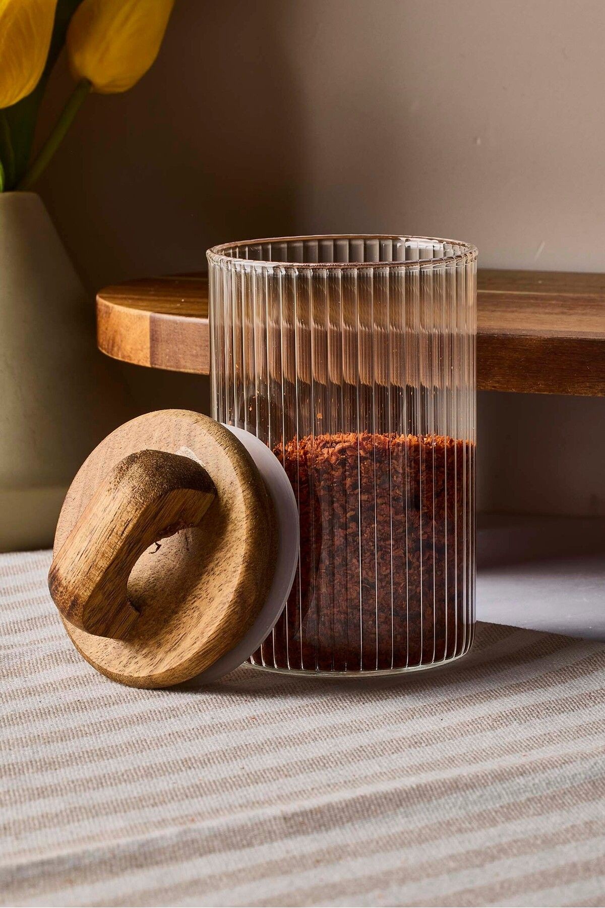 Acacia 210 ml Akasya Vakum Kapak Borosilikat Yuvarlak Cam Kavanoz 6.5x10 cm