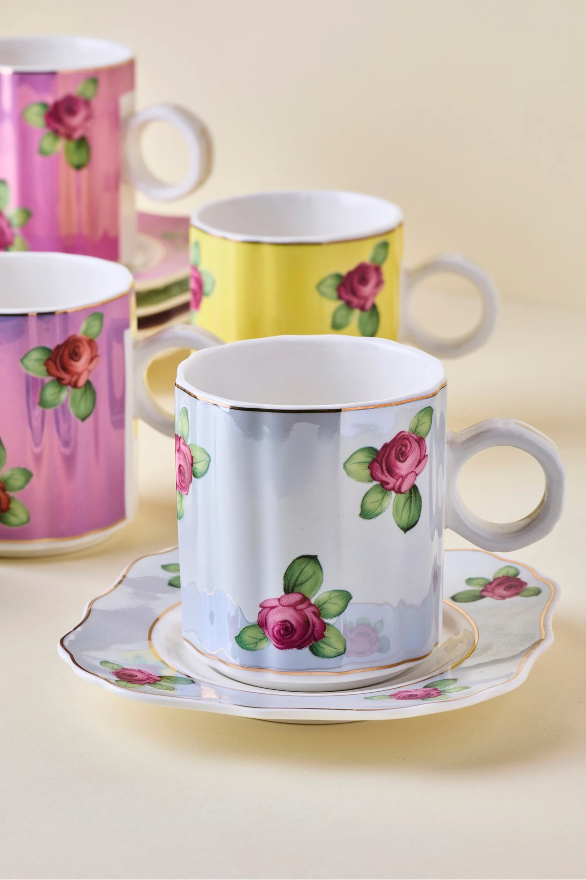 Gülhane 12 Parça 6 Kişilik Renkli Vintage Porselen Kahve Fincanı Takım