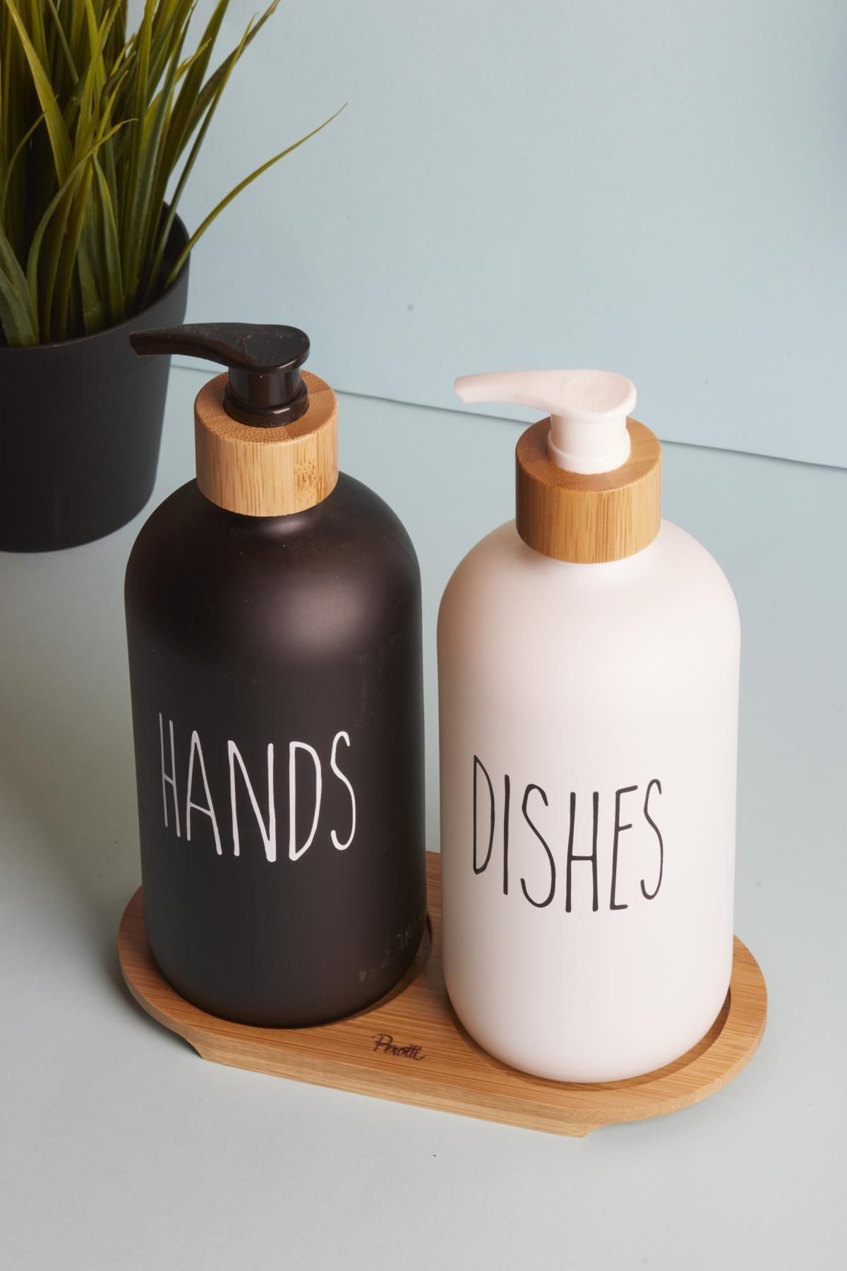 Lotion 2’li Siyah-beyaz Mutfak Sıvı Sabunluk Seti 500ml 500ml Bambu Tepsili